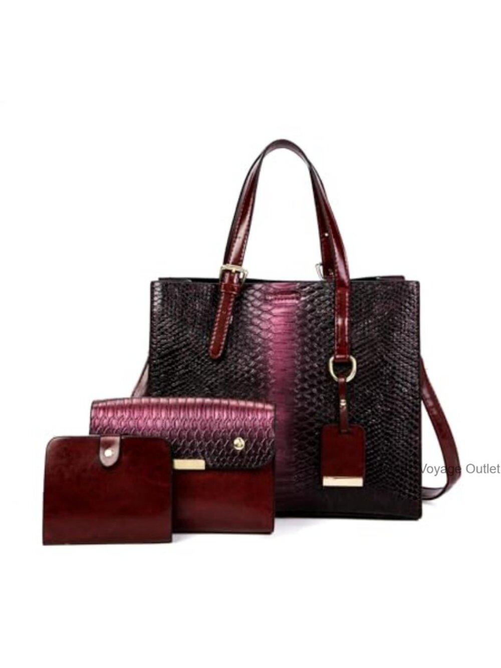 Faux Leather Crocodile Satchel Handbag Tote 3 Pc Set with Wallet